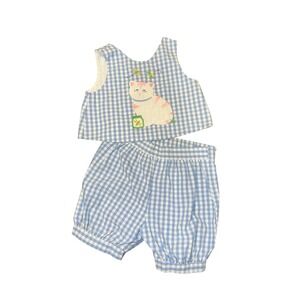 VTG Kelly's Kids Girls 2-piece Matching Set Seersucker shorts Embroidered Cat